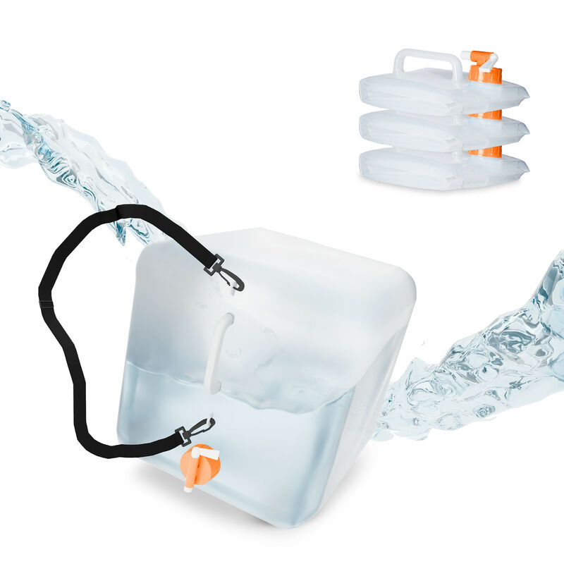 foto del prodotto set da 4 taniche pieghevoli, 20 l, con rubinetto, bpa free con cintura per il trasporto, trasparente arancione relaxdays
