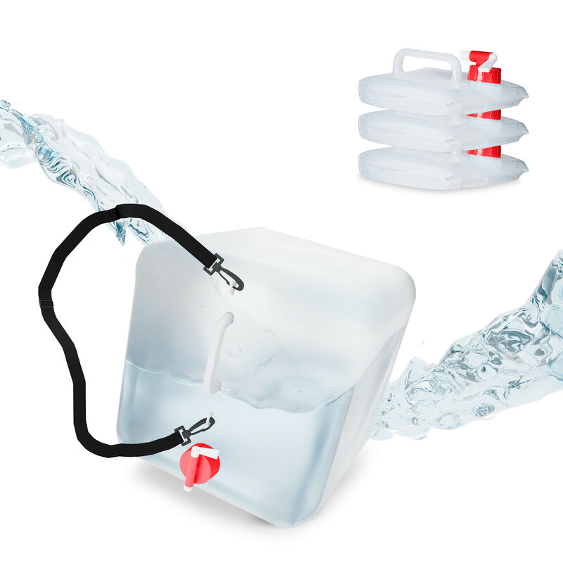 foto del prodotto set da 4 taniche pieghevoli, 20 l, con rubinetto, bpa free, con cintura per il trasporto, trasparente rosso relaxdays