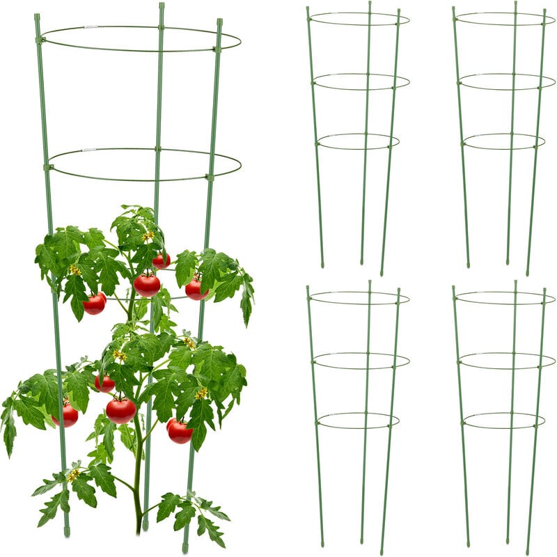 foto del prodotto set da 5 sostegni per pomodori in acciaio e plastica, h 76 cm, 3 anelli regolabili, piante rampicanti, verde relaxdays