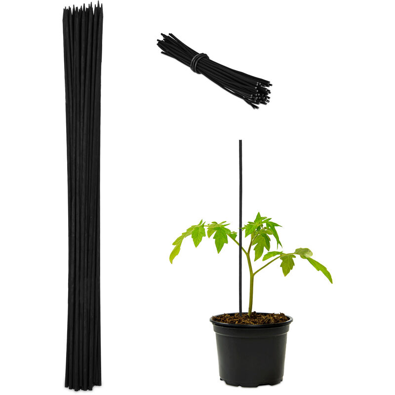 foto del prodotto set da 50 bastoncini per piante, supporti per rampicanti, verdure, 6mm, fili da legatura incl., 60 cm, nero relaxdays