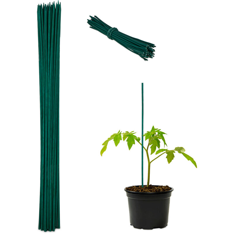 foto del prodotto set da 50 bastoncini per piante, supporti per rampicanti, verdure, 6mm, fili da legatura incl., 60cm, verde relaxdays