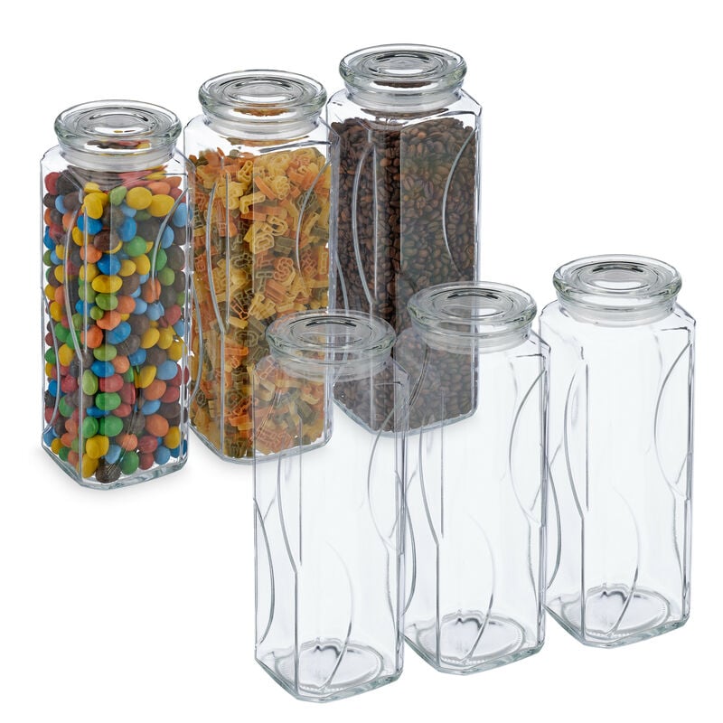 foto del prodotto set da 6 barattoli per alimenti con coperchio in vetro, recipienti da 1650 ml, conserve cucina, trasparente relaxdays