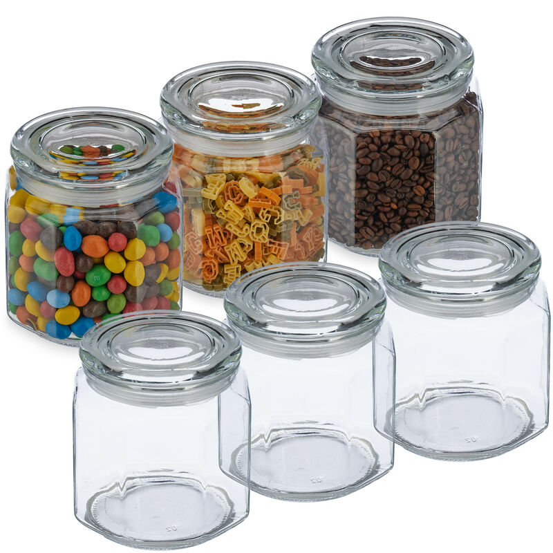 foto del prodotto set da 6 barattoli per alimenti, coperchio in vetro, recipienti ottagonali 1,3 l, conserve cucina, trasparente relaxdays