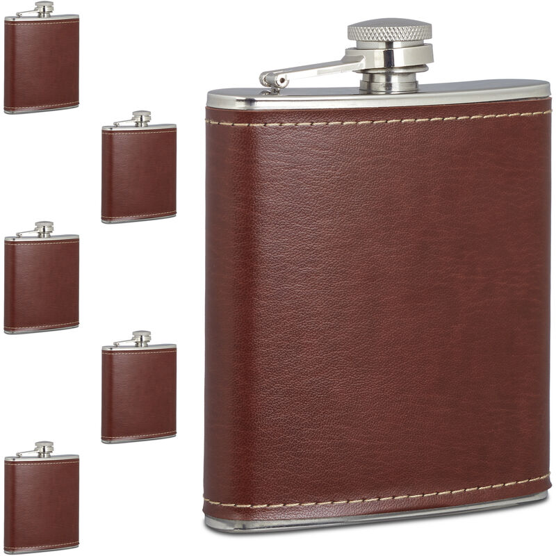 foto del prodotto set da 6 fiaschette tascabili, 200 ml, borraccia in acciaio inox con coperchio in finta pelle, marrone argento relaxdays