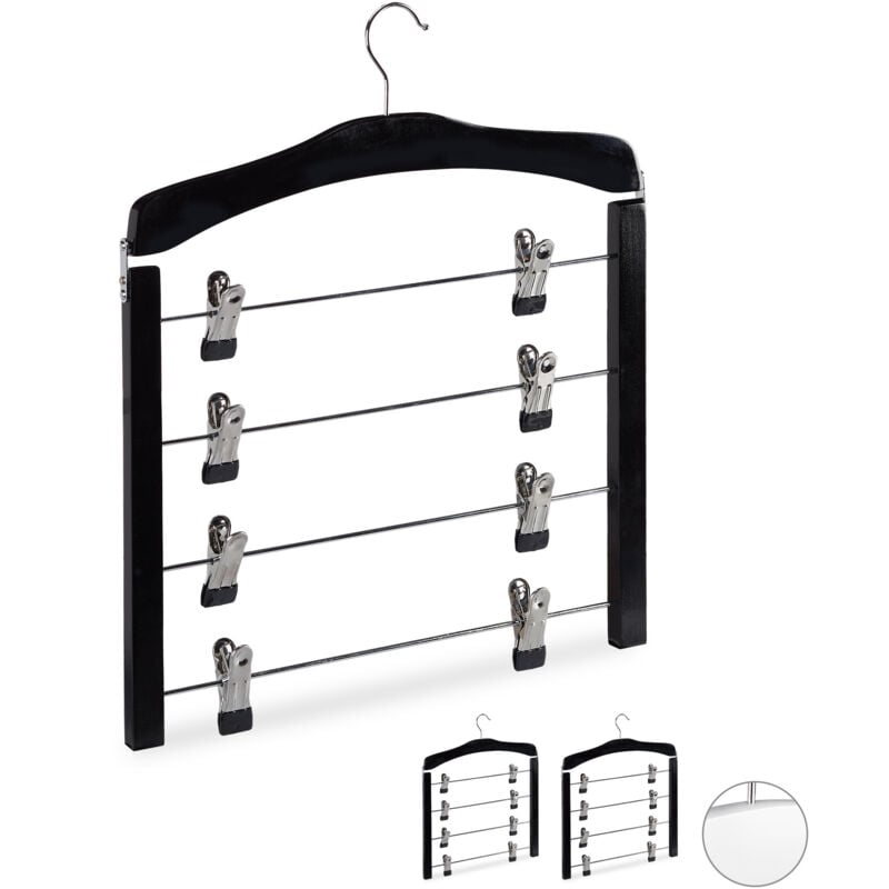 foto del prodotto set da 6 grucce multiple salvaspazio, gancio girevole a 360 , con pinze, gonne e pantaloni, legno, nere