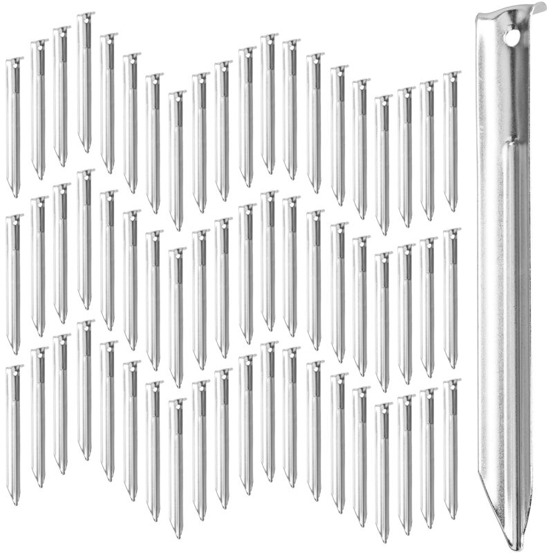 foto del prodotto set da 60 picchetti da tenda, design a v, resistenti, con fori, lunghi 18 cm, puntali in acciaio, argento