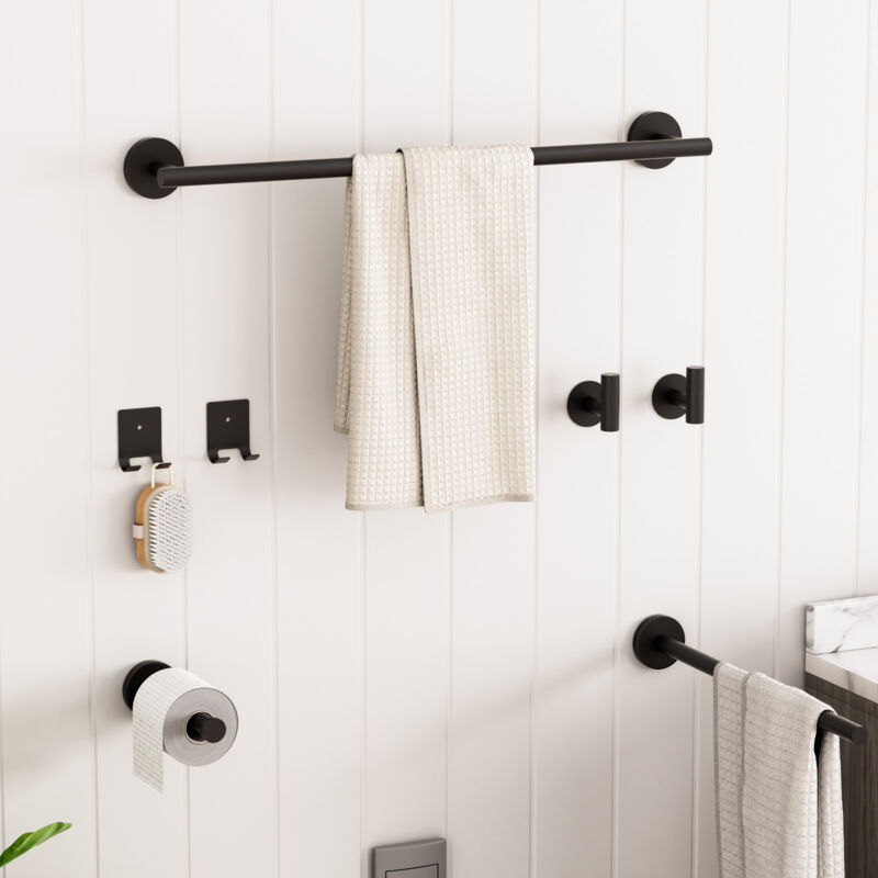 foto del prodotto set da bagno 7 pezzi 1 portasciugamani 1 portasciugamani laterale 1 porta rotolo 4 ganci nero cecipa max