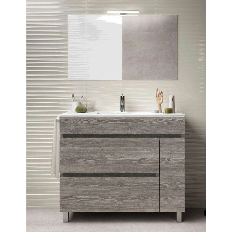 foto del prodotto set da bagno caprera 2 cassetti e una porta 7 colori diversi 15 misure include mobile, lavabo e specchio rovere smoky 80x40cm