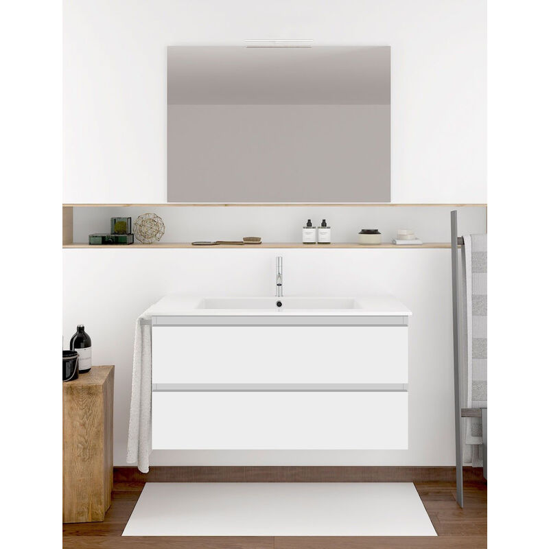 foto del prodotto set da bagno ibiza 2 cassetti 8 colori diversi 15 misure include mobili, lavabo e specchio bianco lucido 120x45cm 1 seni