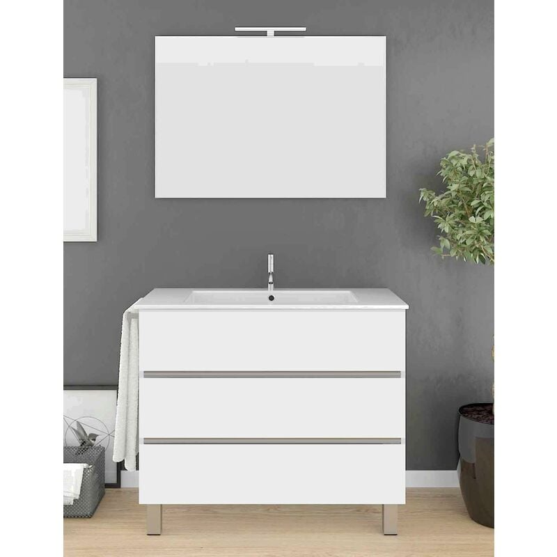 foto del prodotto set da bagno imperia 3 cassetti 10 colori diversi 15 misure include mobile, lavabo e specchio bianco lucido 100x45cm