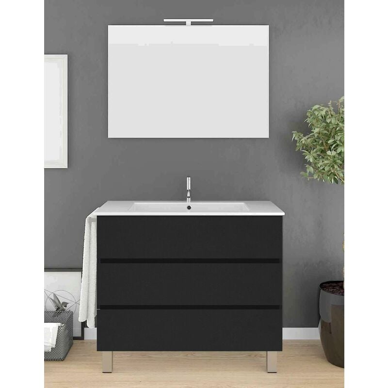 foto del prodotto set da bagno imperia 3 cassetti - 10 colori diversi - 15 misure - include mobile, lavabo e specchio - grafite 100x45cm
