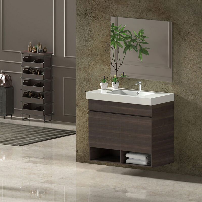 foto del prodotto set da bagno nebari 7 colori diversi 15 misure 2 ante o un cassetto a scelta include mobile, lavabo e specchio frassino tea 60x35cm con