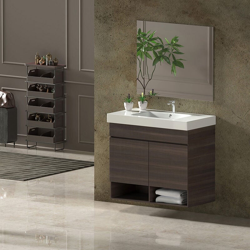 foto del prodotto set da bagno nebari 7 colori diversi 15 misure 2 ante o un cassetto a scelta include mobile, lavabo e specchio frassino tea 80x40cm