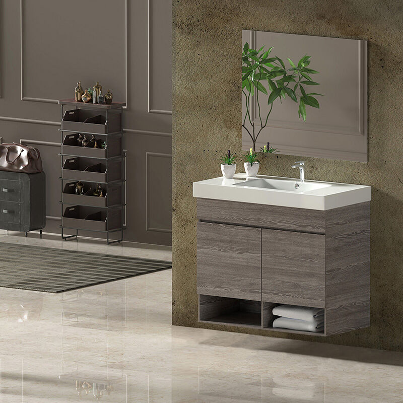 foto del prodotto set da bagno nebari 7 colori diversi 15 misure 2 ante o un cassetto a scelta include mobile, lavabo e specchio rovere smoky 80x45cm con