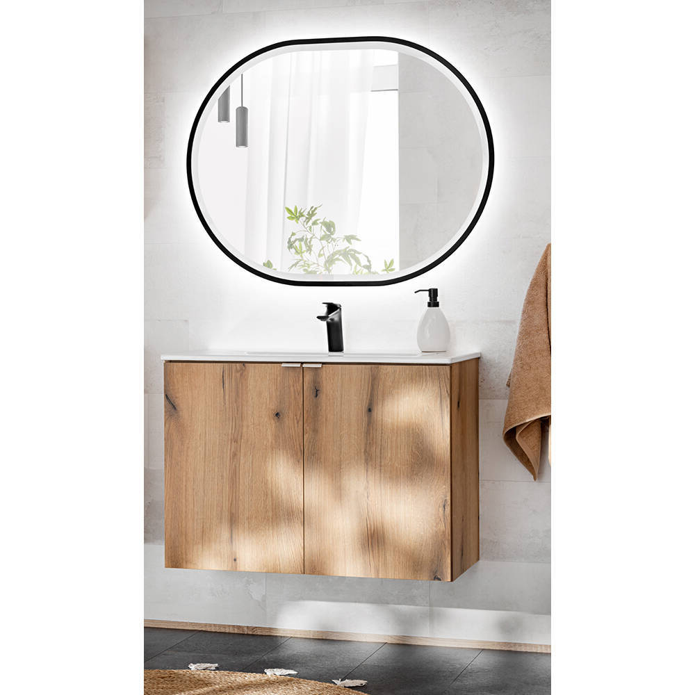 foto del prodotto set da bagno newport mobile pensile a 2 ante con lavabo e specchio led effetto rovere en.casa 