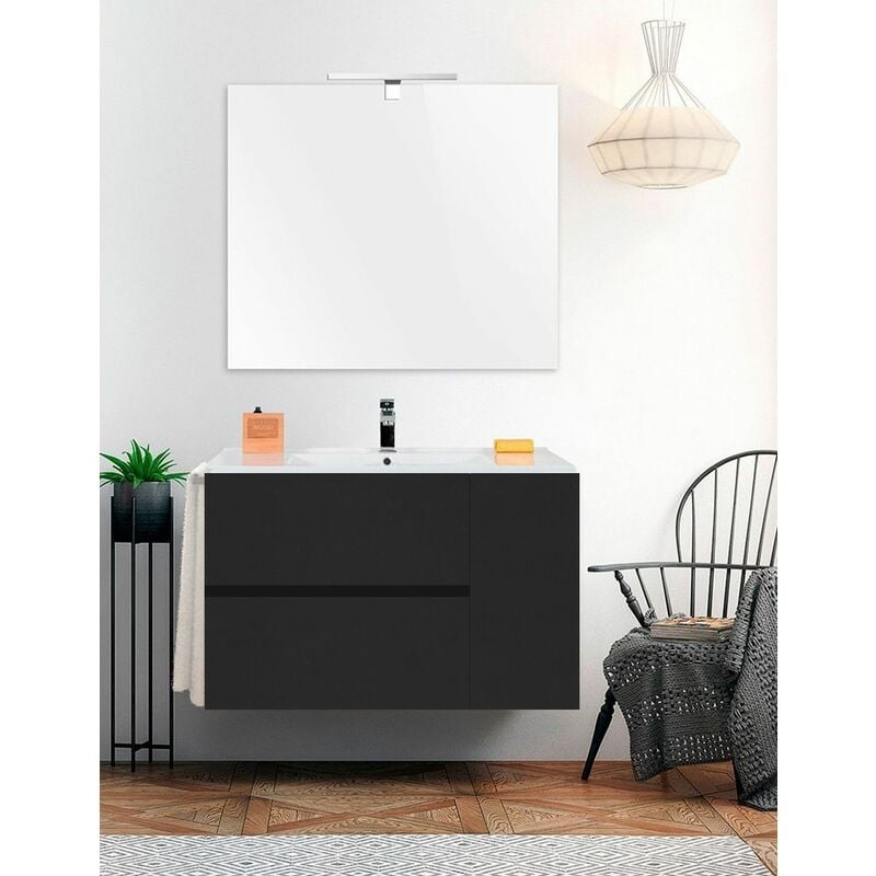 foto del prodotto set da bagno sospeso itaca 2 cassetti e una porta 7 colori diversi 15 misure include mobile, lavabo e specchio grafite 100x45cm