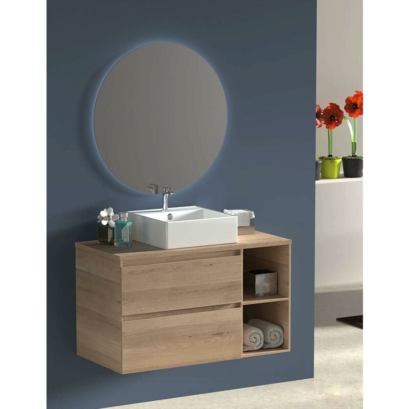 foto del prodotto set da bagno zeus - 7 colori diversi e 2 misure - con mobili, specchio rotondo retroilluminato e lavabo da appoggio 100 cm con ripiano a destra