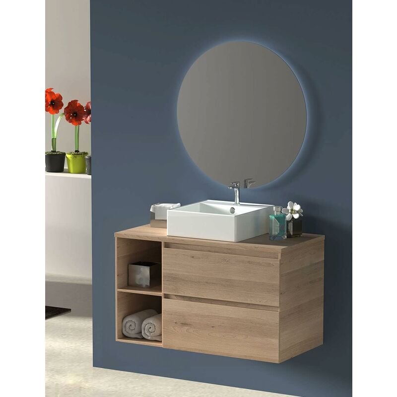 foto del prodotto set da bagno zeus - 7 colori diversi e 2 misure - con mobili, specchio rotondo retroilluminato e lavabo da appoggio 80 cm con ripiano sinistro