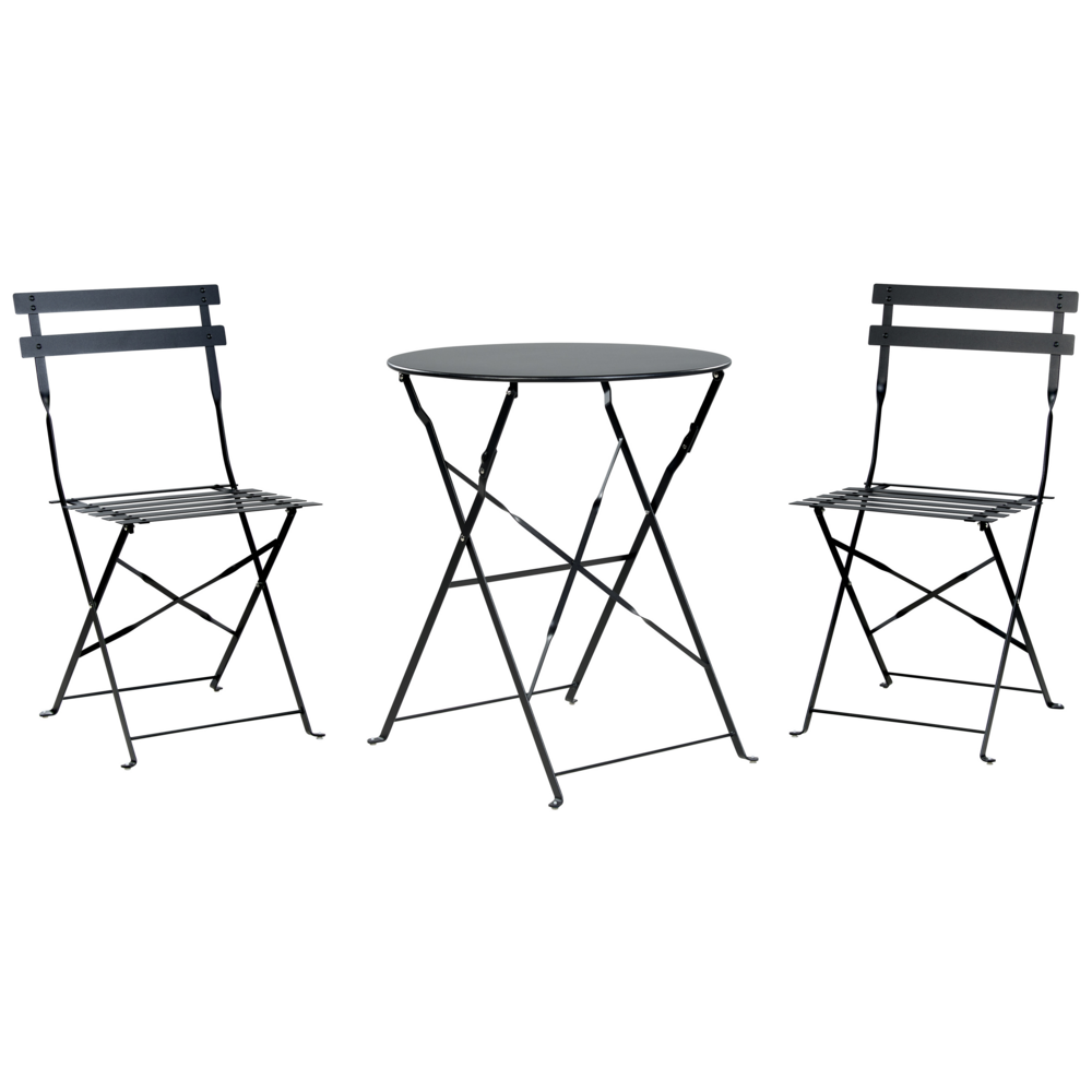 foto del prodotto set da balcone 3 elementi tavolo e sedie rotonde da esterno in acciaio nero pieghevole all'aperto