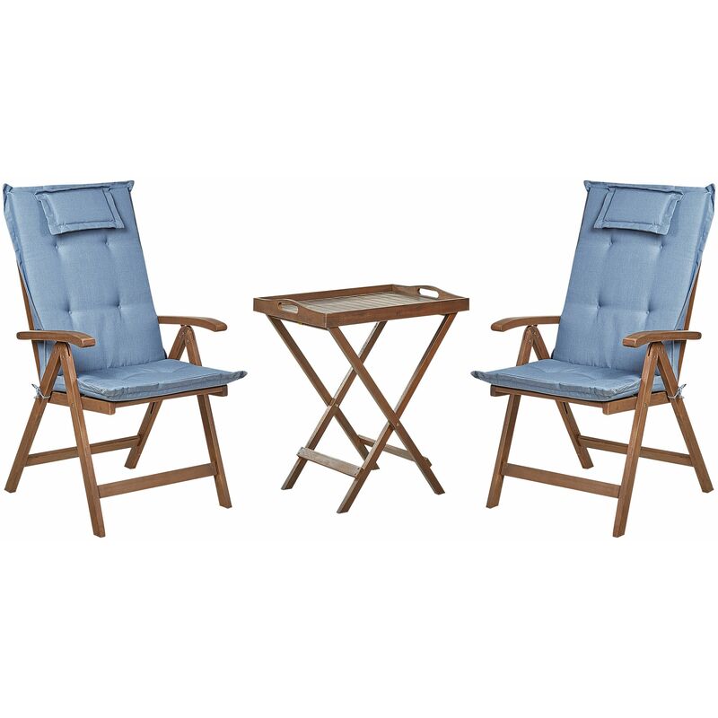 foto del prodotto set da balcone con 2 sedie da giardino regolabili in legno di acacia e cuscini blu amantea