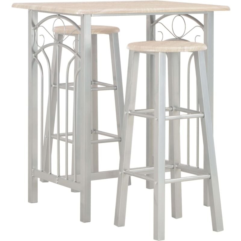 foto del prodotto set da bar 3 pz tavolo con sgabelli in legno e acciaio vari colori colore rovere