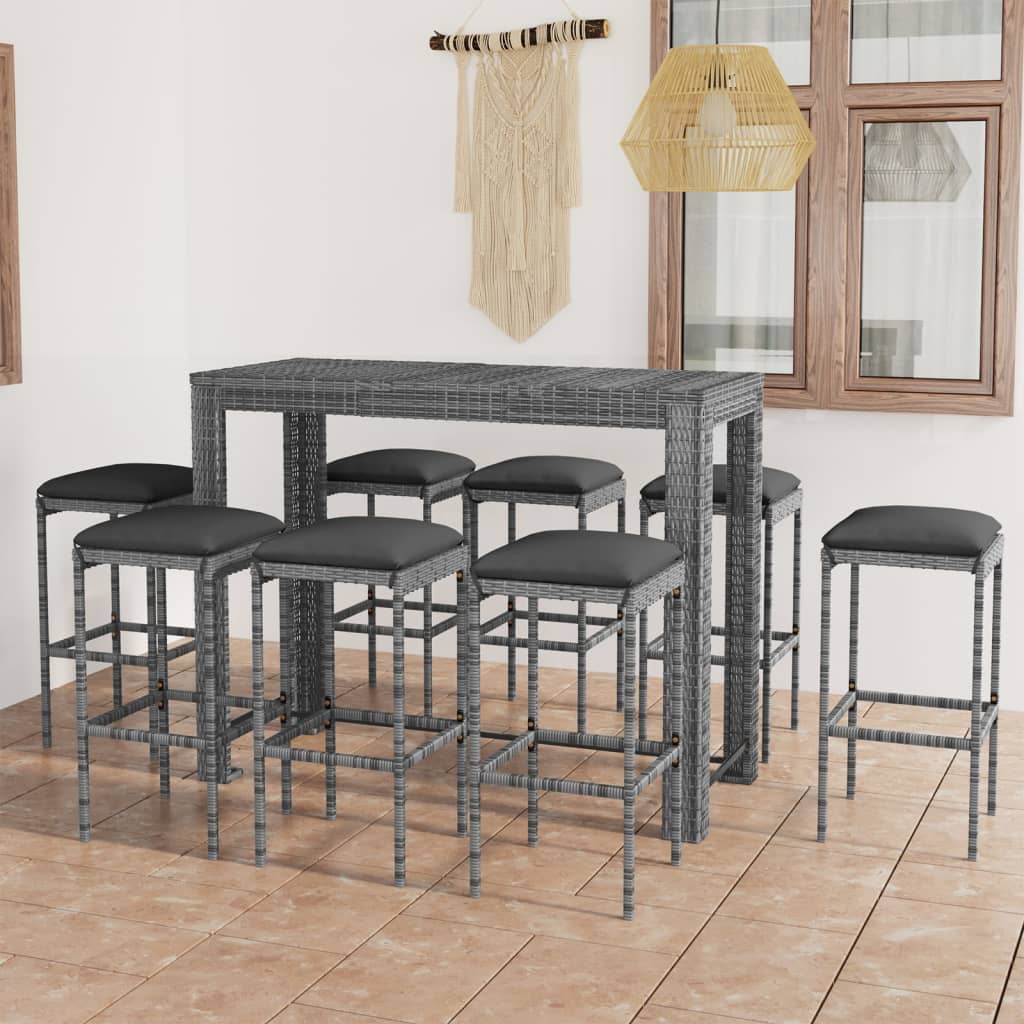 foto del prodotto set da bar da giardino 9 pz con cuscini in polyrattan grigio cod mxl 34866