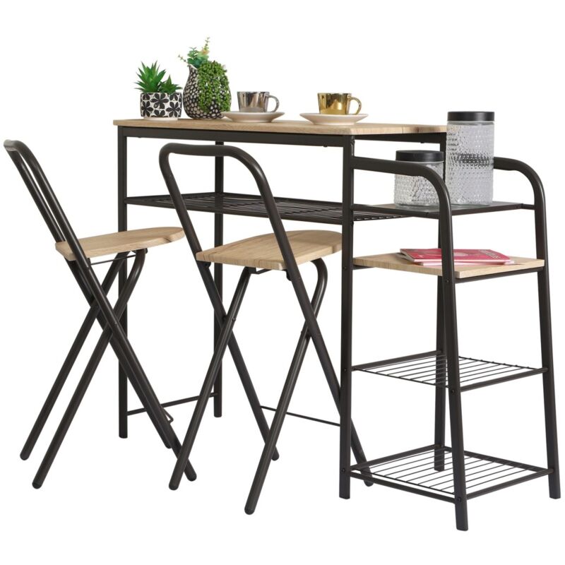 foto del prodotto set da bar e 2 sgabelli pieghevoli collezione daryl struttura in metallo nero e piano in mdf colore legno