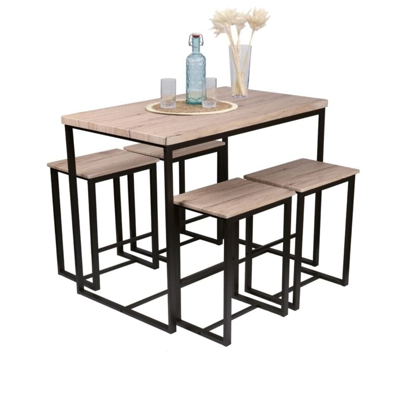 foto del prodotto set da bar quadrato e 4 sgabelli collezione daryl struttura in metallo nero e piano in mdf colore legno