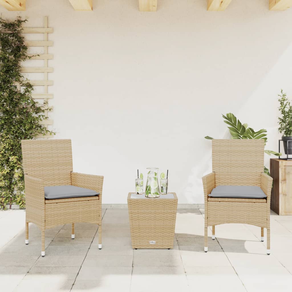 foto del prodotto set da bistr 3 pz con cuscini beige polyrattan e vetro