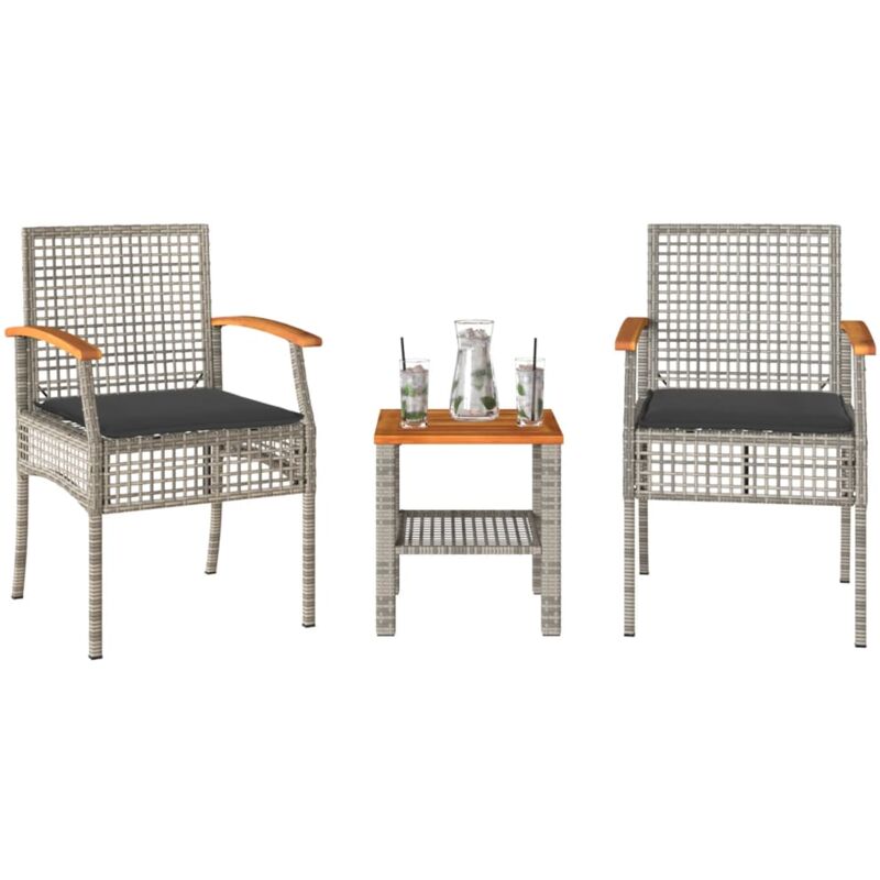 foto del prodotto set da bistr 3 pz con cuscini grigio polyrattan e legno acacia vidaxl