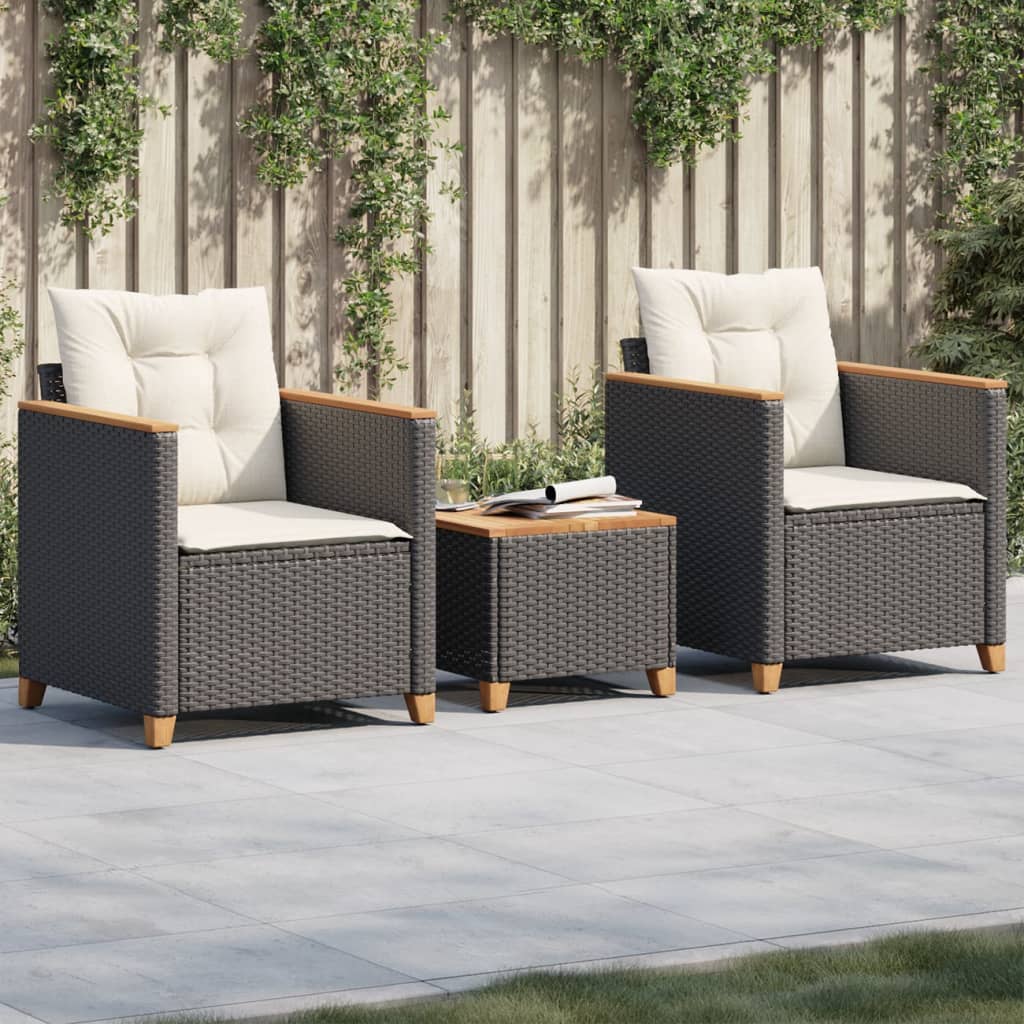 foto del prodotto set da bistr 3 pz con cuscini nero polyrattan e legno acaciacod mxl 114421