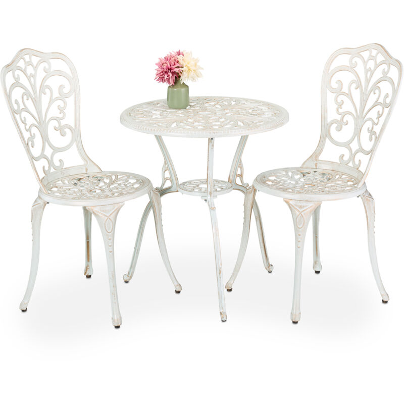 foto del prodotto set da bistrot da 3, tavolino da giardino, 2 sedie da balcone, in alluminio stile ferro battuto, bianco bronzo relaxdays