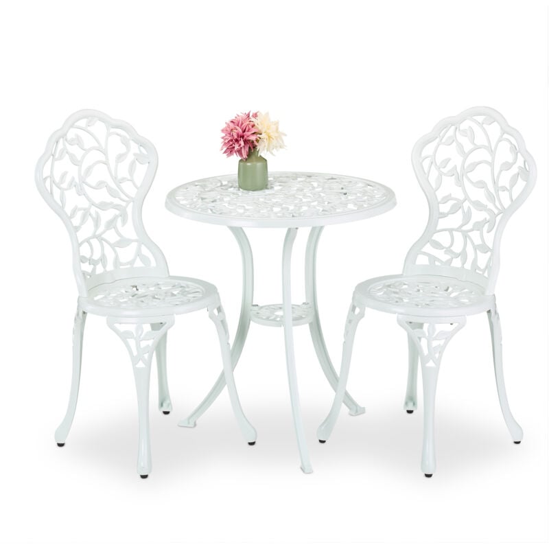 foto del prodotto set da bistrot da 3, tavolino da giardino, 2 sedie da balcone, in alluminio stile ferro battuto, bianco relaxdays