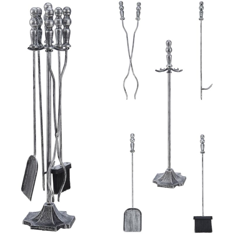 foto del prodotto set da camino dovre con scopa pala pinza attizzatoio argento