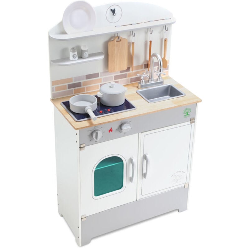 foto del prodotto set da cucina per bambini cucina da esterno bianco sporco cucina giocattolo con forno, frigorifero, microonde, lavello e piano cottura swanew