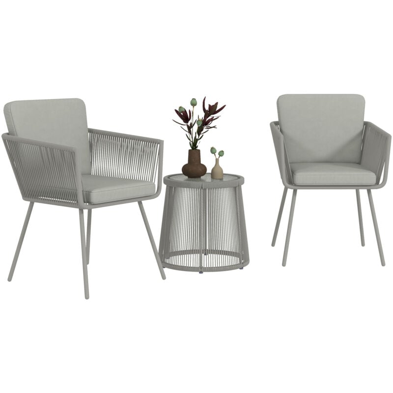 foto del prodotto set da esterno 2 sedie in rattan e tavolino in vetro stile boho grigio outsunny
