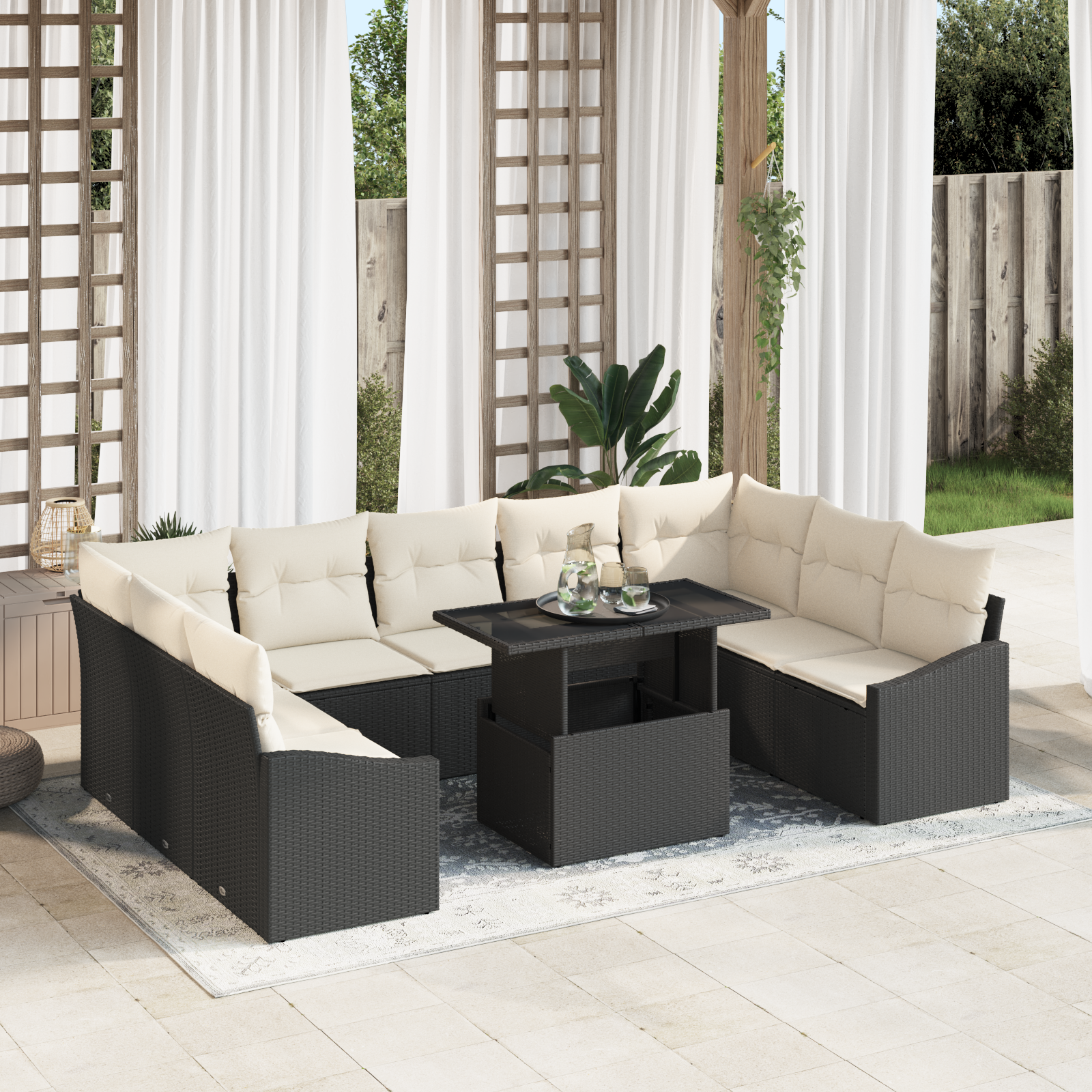 foto del prodotto set da giardino 10 pezzi con cuscini rattan nero