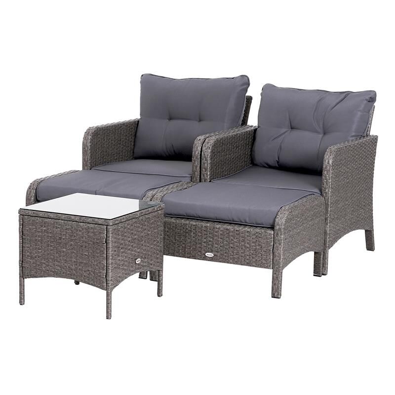 foto del prodotto set da giardino 2 divanetti con pouf e tavolino rattan con cuscini grigio