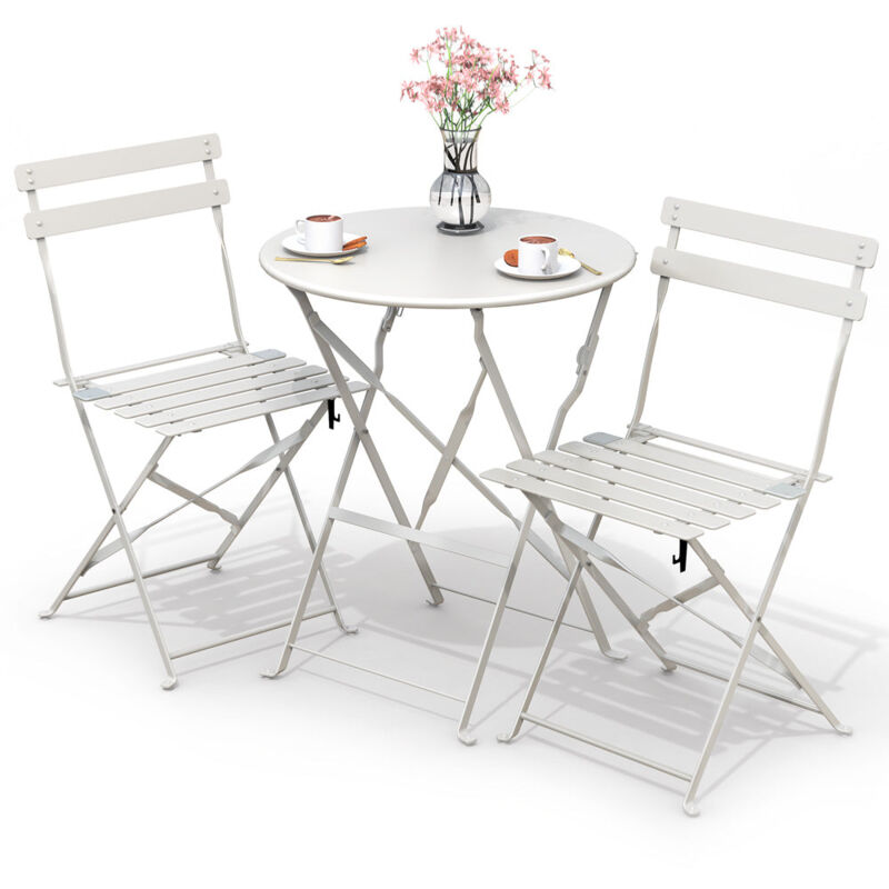 foto del prodotto set da giardino 3 pezzi tavolo bistrot con 2 sedie, set mobili 3pz pieghevole in acciaio, bianco vounot