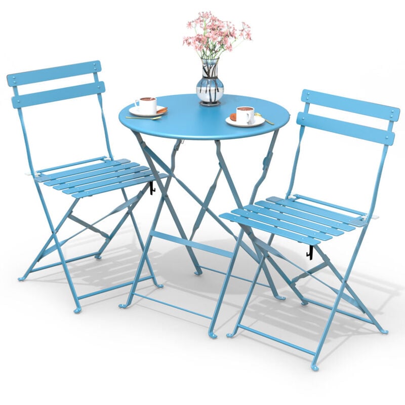 foto del prodotto set da giardino 3 pezzi tavolo bistrot con 2 sedie, set mobili 3pz pieghevole in acciaio, blu vounot