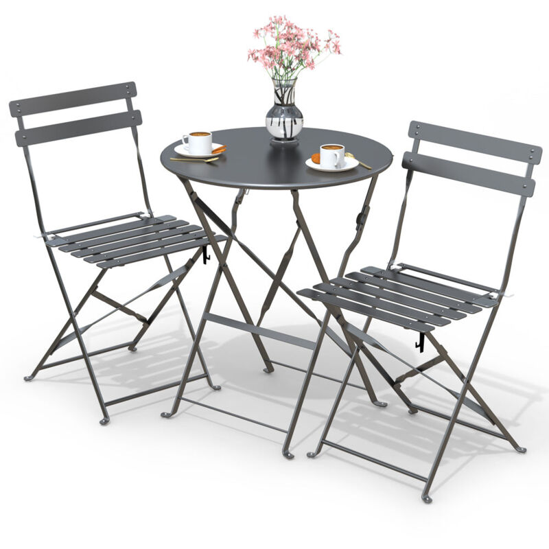 foto del prodotto set da giardino 3 pezzi tavolo bistrot con 2 sedie, set mobili 3pz pieghevole in acciaio, grigio vounot