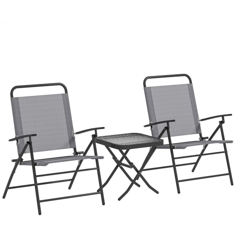 foto del prodotto set da giardino 3 pezzi tavolo con piano in vetro e 2 sedie pieghevoli grigio