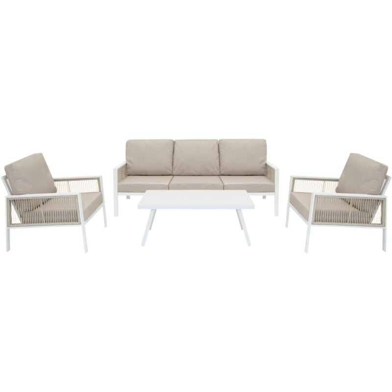 foto del prodotto set da giardino 4 pezzi in alluminio bianco con divano 3 posti, 2 poltrone, tavolino, cuscini imbottiti sfoderabili, copertura antipioggia inclusa,