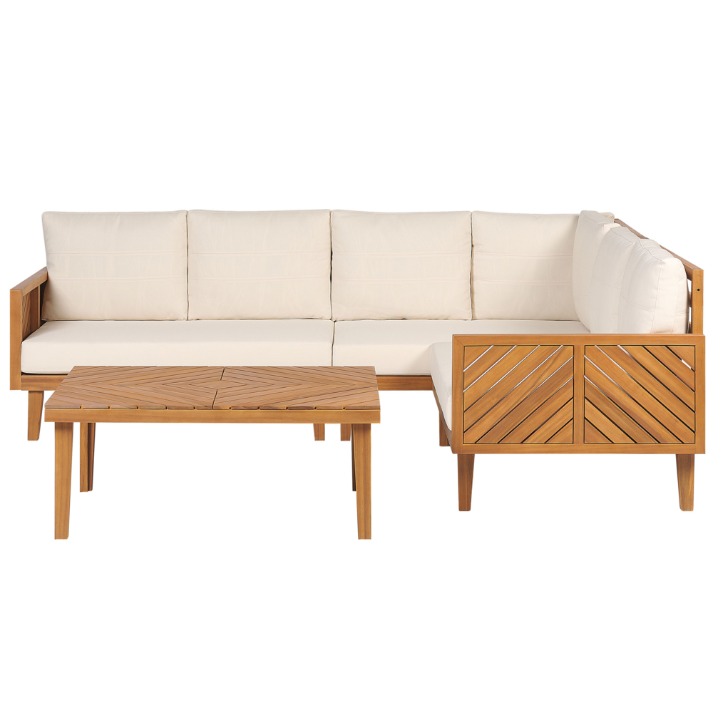 foto del prodotto set da giardino 4 posti con tavolino legno di acacia con cuscini beige chiaro baratti