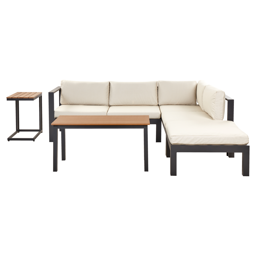 foto del prodotto set da giardino 5 posti in alluminio nero con divano e cuscini beige e tavolo a doghe set moderno scandinavo esterno