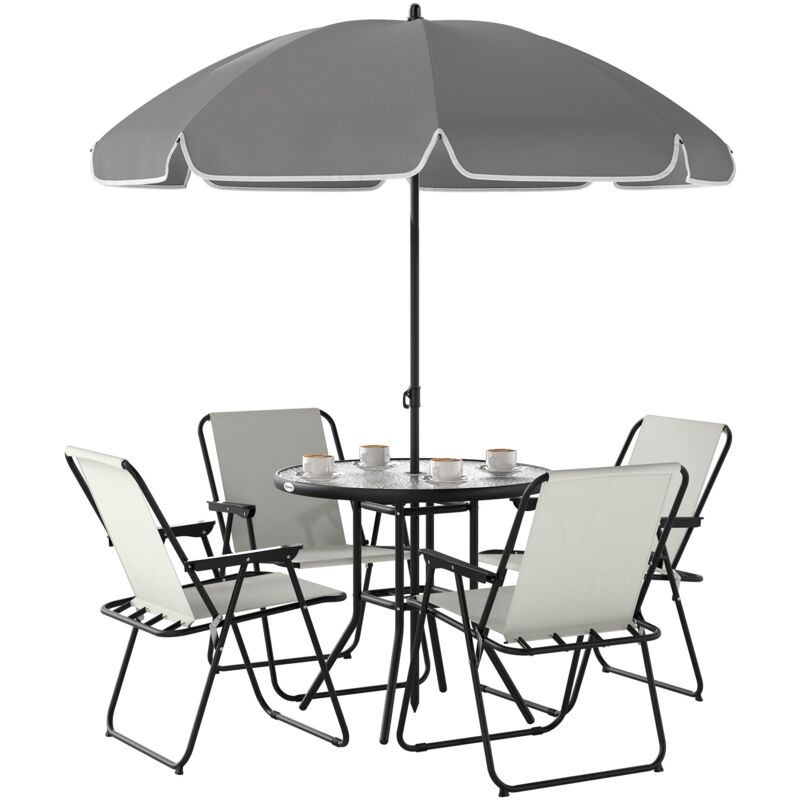 foto del prodotto set da giardino 6 pezzi con 4 sedie pieghevoli ombrellone e tavolo rotondo crema grigio e nero