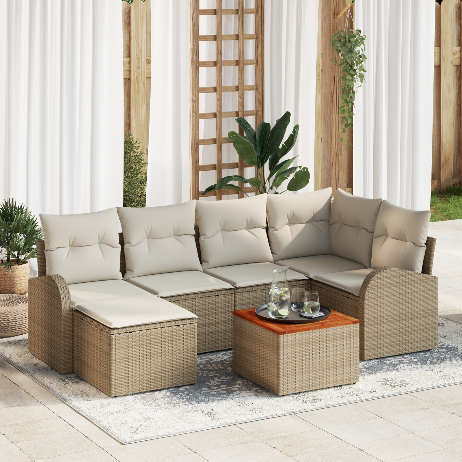 foto del prodotto set da giardino 7 pezzi con cuscini beige rattan poliestere