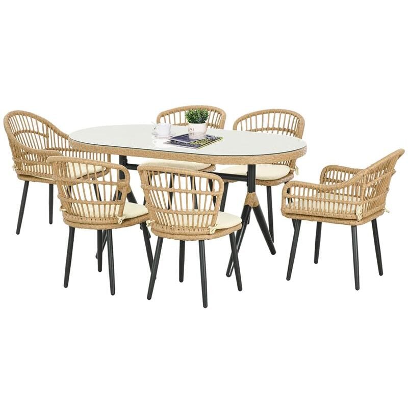 foto del prodotto set da giardino 7 pezzi in rattan pe con tavolo da pranzo 153x89x74 cm e 6 sedie 52x62x78 cm con cuscini