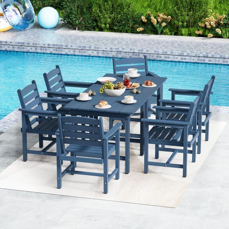 foto del prodotto set da giardino 8 pezzi, 6 sedie e 2 tavoli, set da esterno in hdpe, tavolo da giardino con 6 sedie, set relax da terrazzo, blu uev