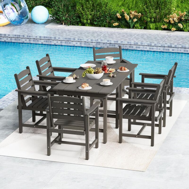 foto del prodotto set da giardino 8 pezzi, 6 sedie e 2 tavoli, set da esterno in hdpe, tavolo da giardino con 6 sedie, set relax da terrazzo, grigio uev